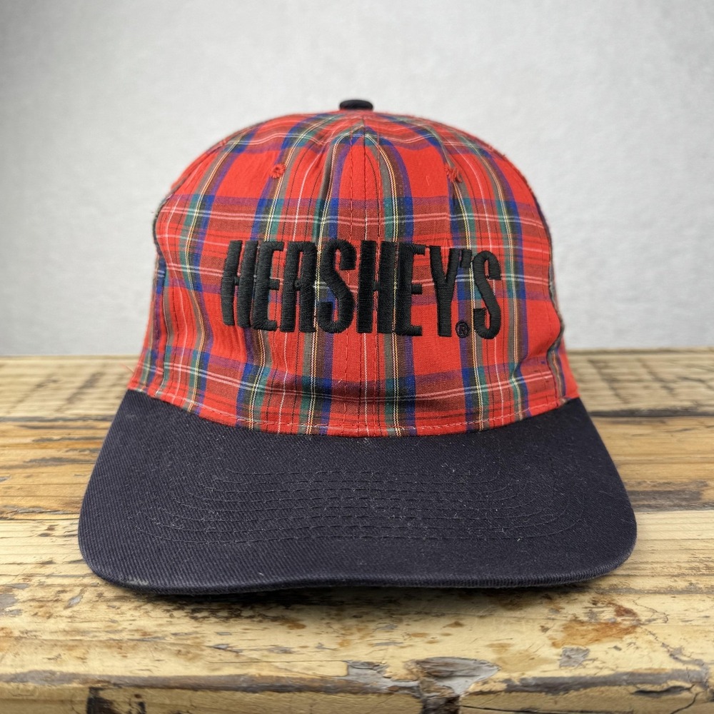 Vintage KC Hersheys Hat Cap Snap Back‎ Mens One Size Red Plaid Logo 90s